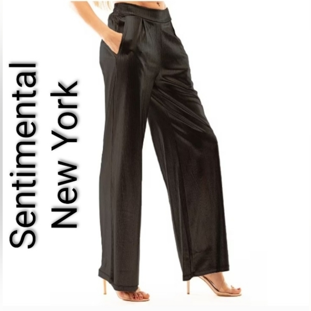 Black Metallic Liquid Shine Party Pants, mid-rise, elastic waist, soft. Small